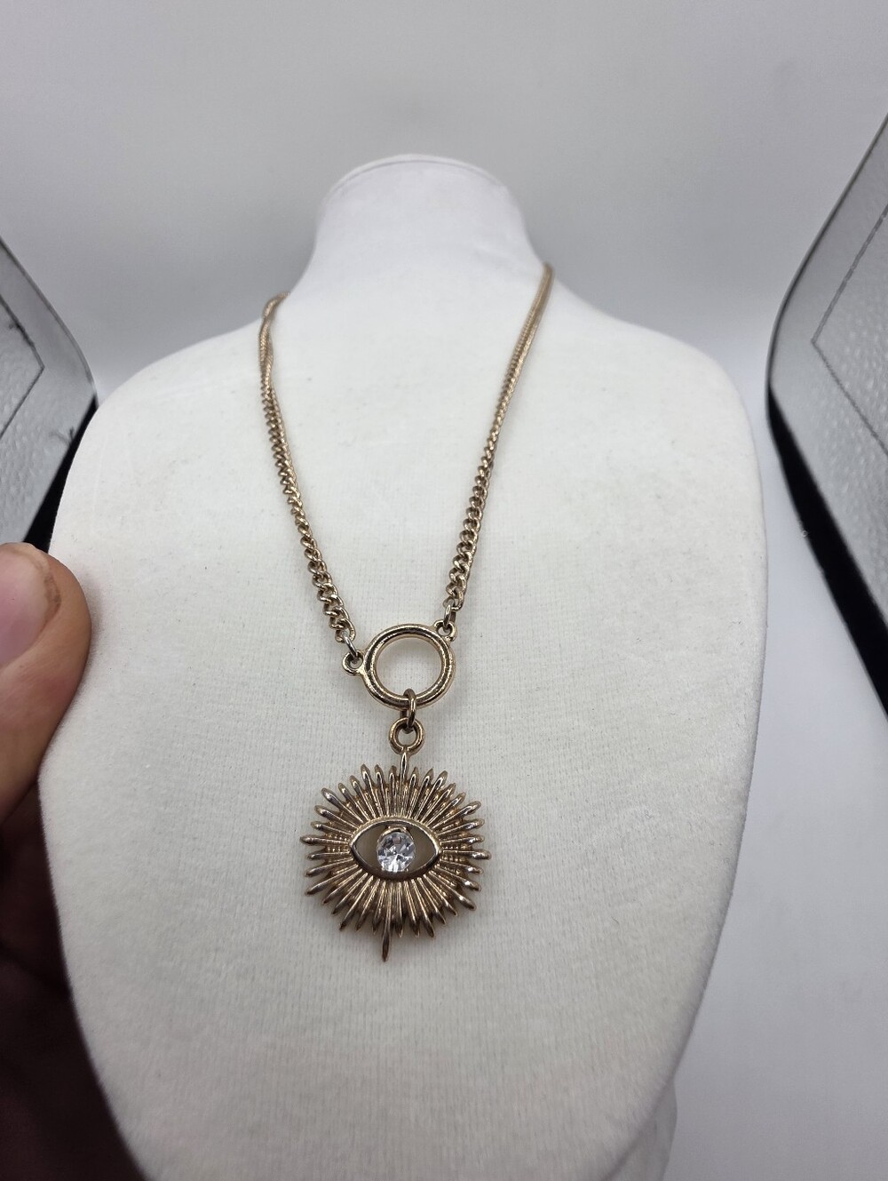 Gold Tone Sunburst Evil Eye Pendant Necklace Rhinestone Crystal Charm Chain